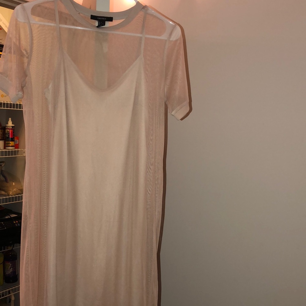 Sheer cream midi dress with fitted champagne slip